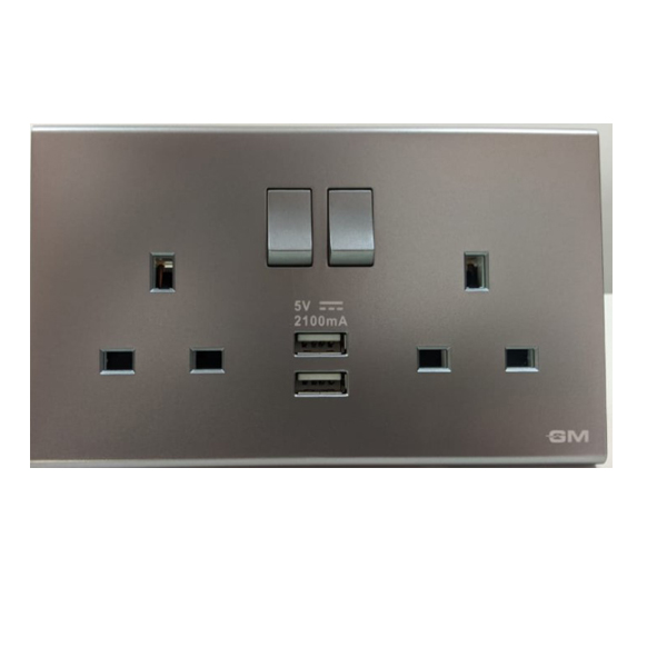 Double 13A Square Socket with Switch+USB DB129-Silver