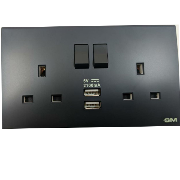 Double 13A Square Socket with Switch+USB DB129-Black<
