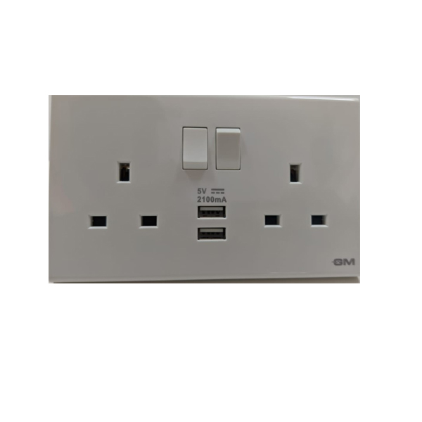 Double 13A Square Socket with Switch+USB DB129-White<